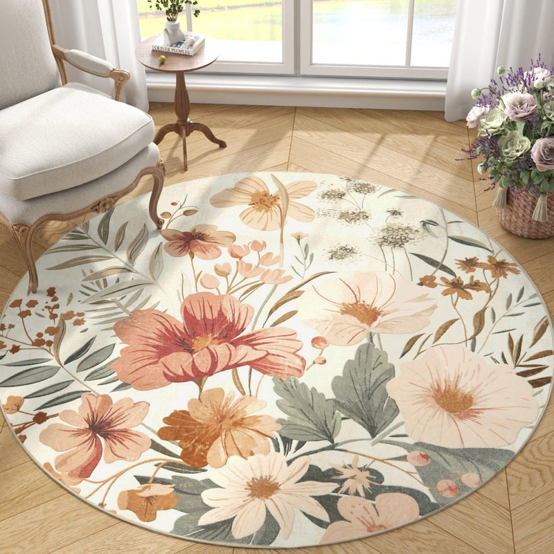 jinchan Spring Summer Floral Round Rug 4ft Area Rug Indoor Circle 4' Round Washable Modern Oriental Flower Print Non Slip Carpet for Living Room Dining Room Bedroom Entryway Office Decor Pink/Grey - Image 1