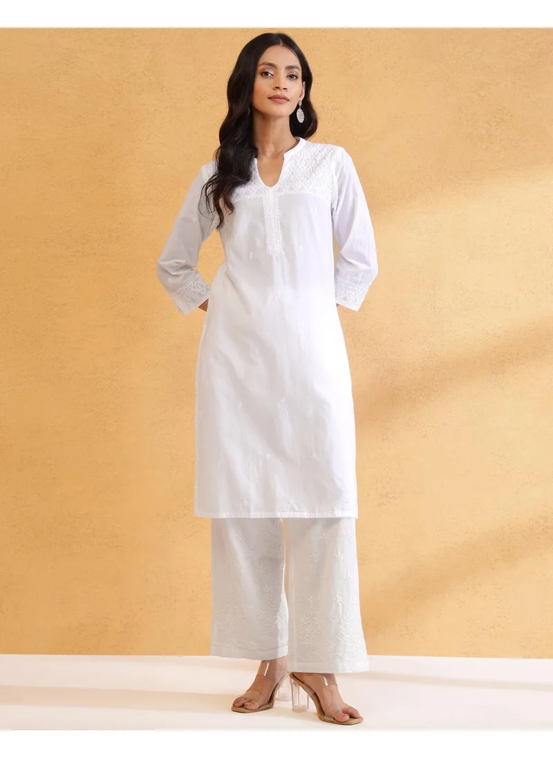 فاب انديا White Cotton Chikankari Knee Length Kurta