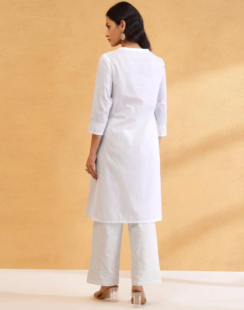 Fabindia White Cotton Chikankari Knee Length Kurta