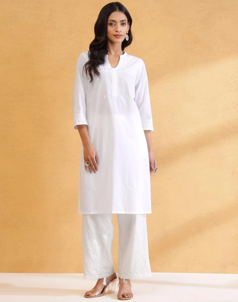 Fabindia White Cotton Chikankari Knee Length Kurta