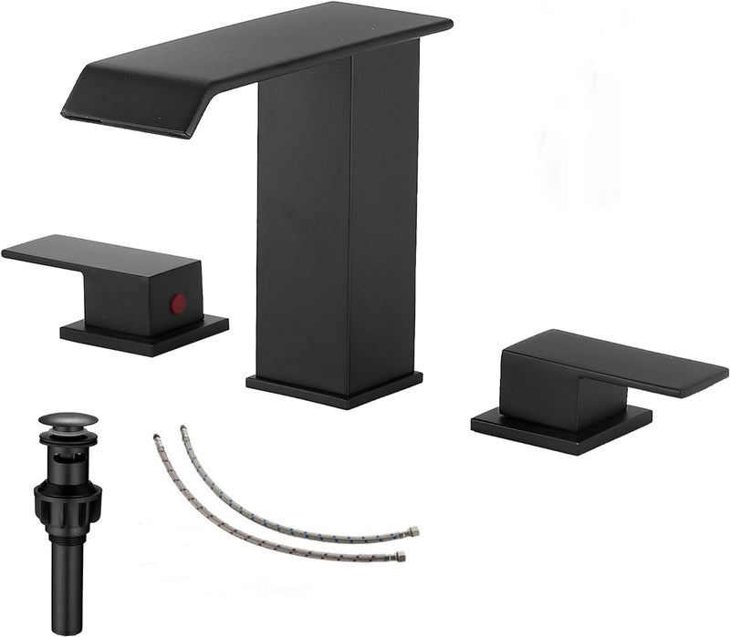 Waterfall Bathroom Faucet Matte Black Widespread GGStudy 3 Holes 2 Handle Black Modern Bathroom Sink Faucet with Pop Up Drain