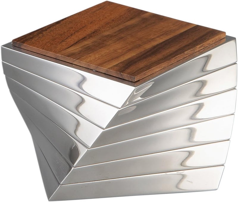 Nambe Twist Coaster Set - Set of 6 Acacia Wood and Alloy Coasters - Image 1