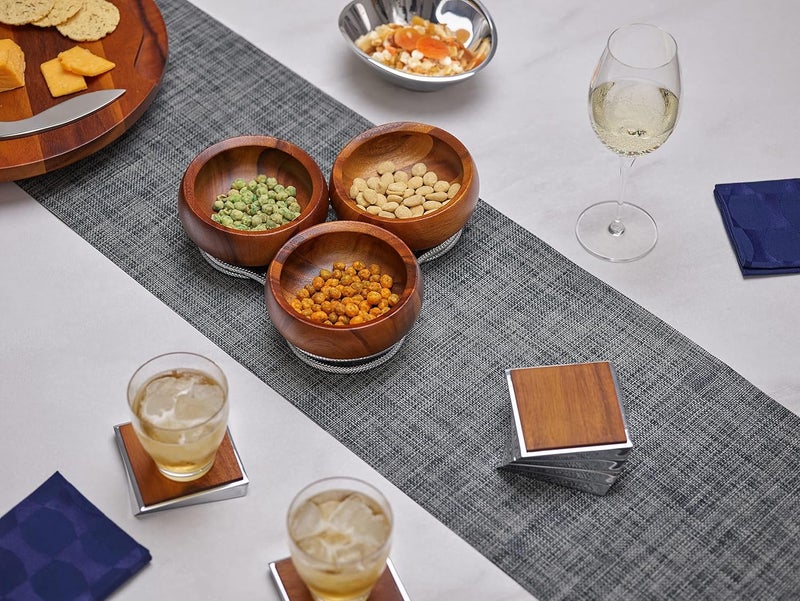 Nambe Twist Coaster Set - Set of 6 Acacia Wood and Alloy Coasters - Image 2