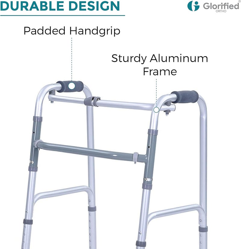 GLORIFIED ORTHO WALKER FOLDING WITH WHEELS ADJUSTABLE IMPORTED ALUMINIUM FRAME | FOLDING WALKER FOR ADULTS WHEELS| ELDERLY & DISABLED PERSONS LIGHT WEIGHT WALKERS FOR SENIORS & ADULTS, HEIGHT - Image 1