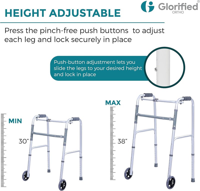 GLORIFIED ORTHO WALKER FOLDING WITH WHEELS ADJUSTABLE IMPORTED ALUMINIUM FRAME | FOLDING WALKER FOR ADULTS WHEELS| ELDERLY & DISABLED PERSONS LIGHT WEIGHT WALKERS FOR SENIORS & ADULTS, HEIGHT - Image 5