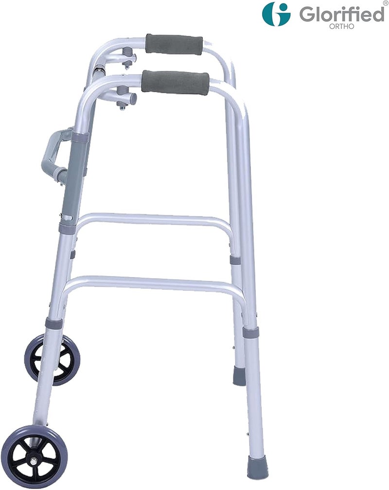 GLORIFIED ORTHO WALKER FOLDING WITH WHEELS ADJUSTABLE IMPORTED ALUMINIUM FRAME | FOLDING WALKER FOR ADULTS WHEELS| ELDERLY & DISABLED PERSONS LIGHT WEIGHT WALKERS FOR SENIORS & ADULTS, HEIGHT - Image 2