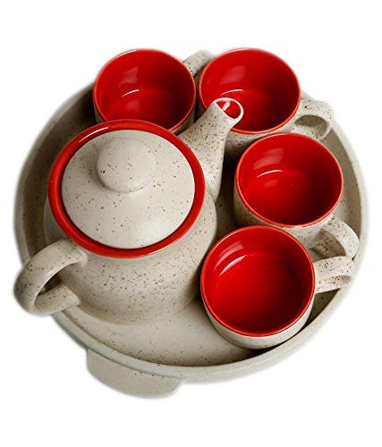 Caffeine Ceramic Handmade red & Marble Matte Tea Set (Set of 6) 1 Trey,4 Cups & 1 Tea Pot - Image 3