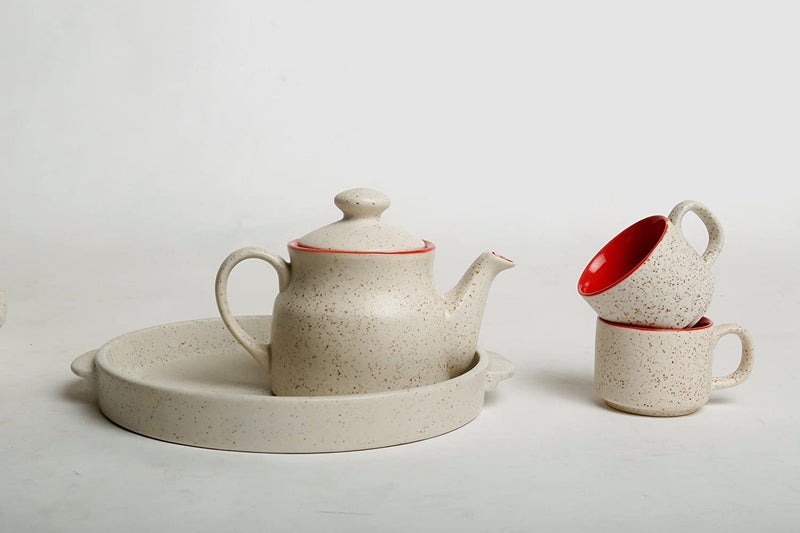 Caffeine Ceramic Handmade red & Marble Matte Tea Set (Set of 6) 1 Trey,4 Cups & 1 Tea Pot - Image 4