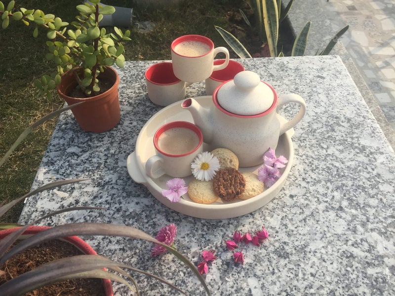 Caffeine Ceramic Handmade red & Marble Matte Tea Set (Set of 6) 1 Trey,4 Cups & 1 Tea Pot - Image 2