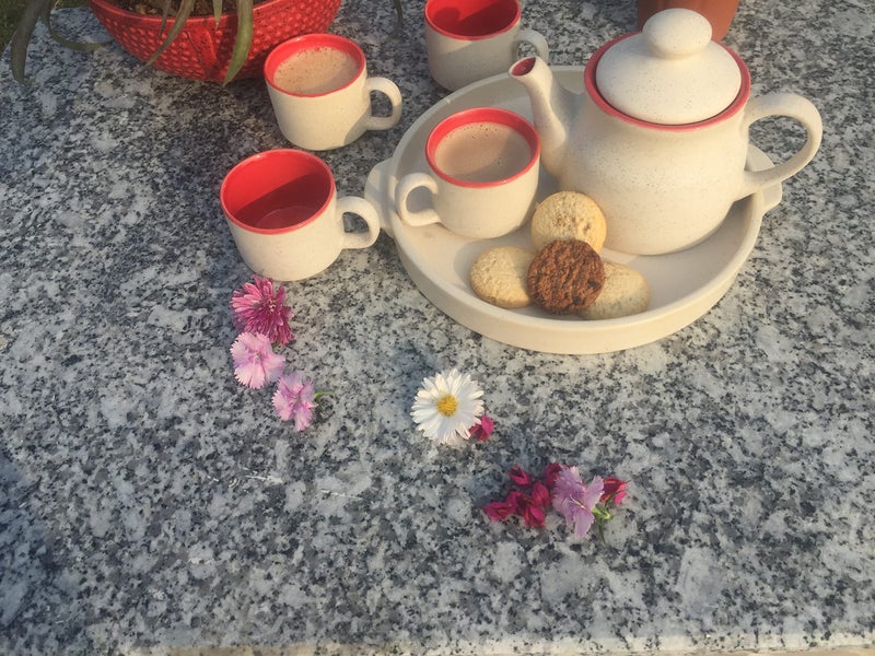Caffeine Ceramic Handmade red & Marble Matte Tea Set (Set of 6) 1 Trey,4 Cups & 1 Tea Pot - Image 1