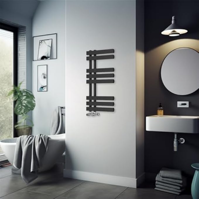 800 X 450MM BLACK FLAT DESIGNER HEATED TOWEL RAIL RADIATOR - BEST FOR ANY BATHROOM & KITCHEN - D SHAPE BARS - Image 1