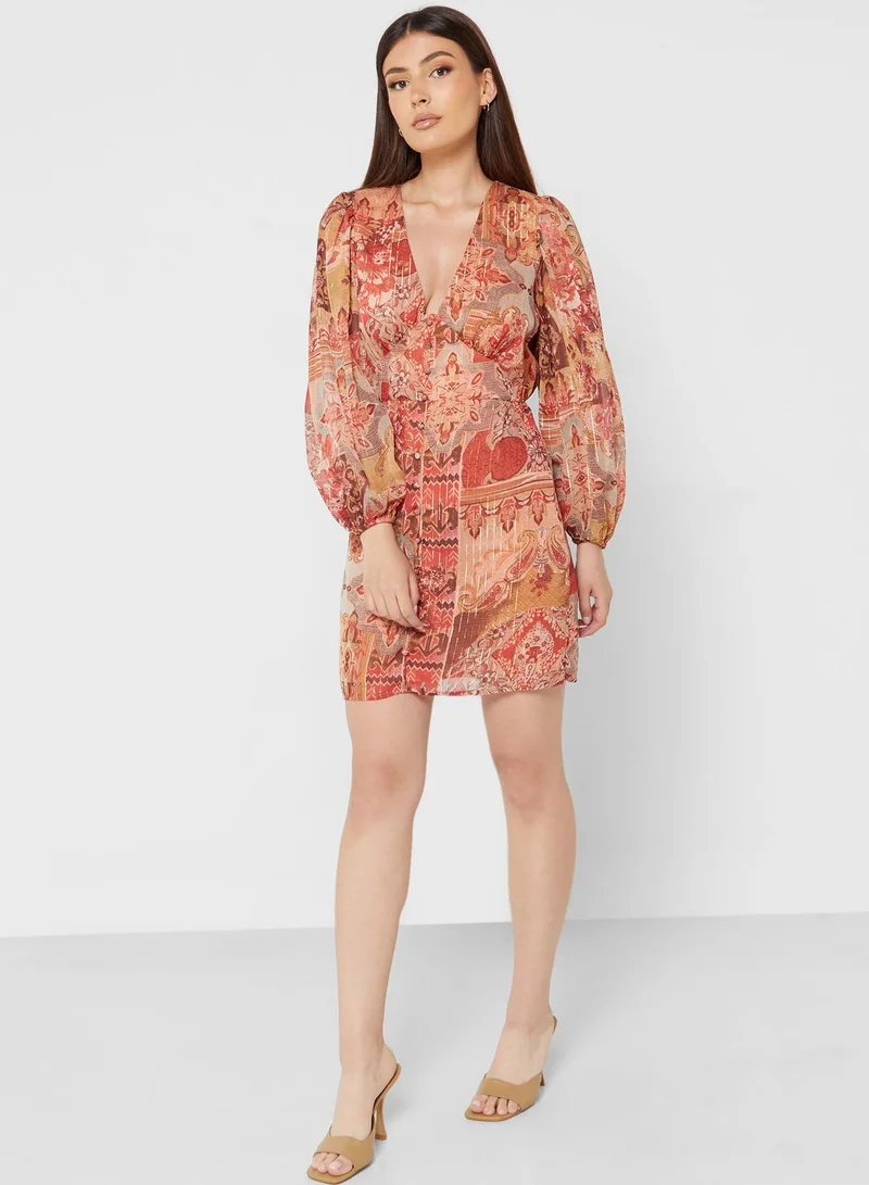 RIVER ISLAND Balloon Sleeve Printed Button Detail Dress
