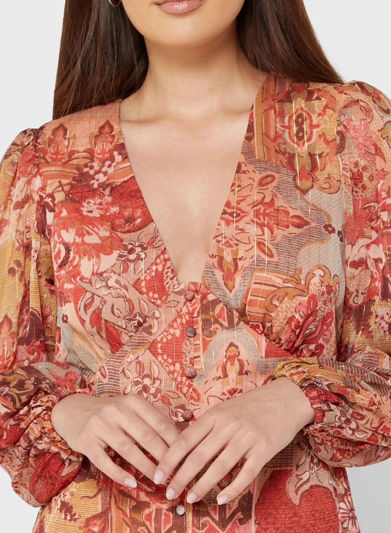 RIVER ISLAND Balloon Sleeve Printed Button Detail Dress