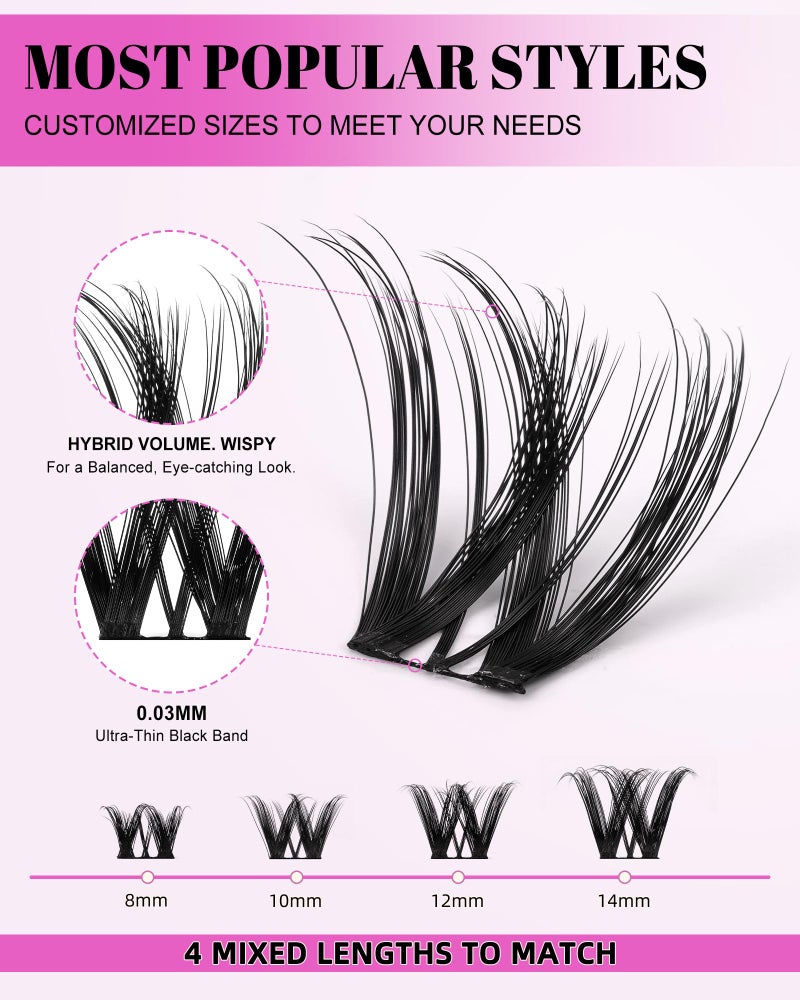 AGGRAD Flora Lash Clusters Kit Short 8-14mm Wispy Eyelashes Cluster Extension Kit D Curl Individual DIY False Lash Extension Spiky Cat Eye Lashes Fake Eyelashes Clusters with 0.03mm Ultra-Thin Wide Band - Image 2