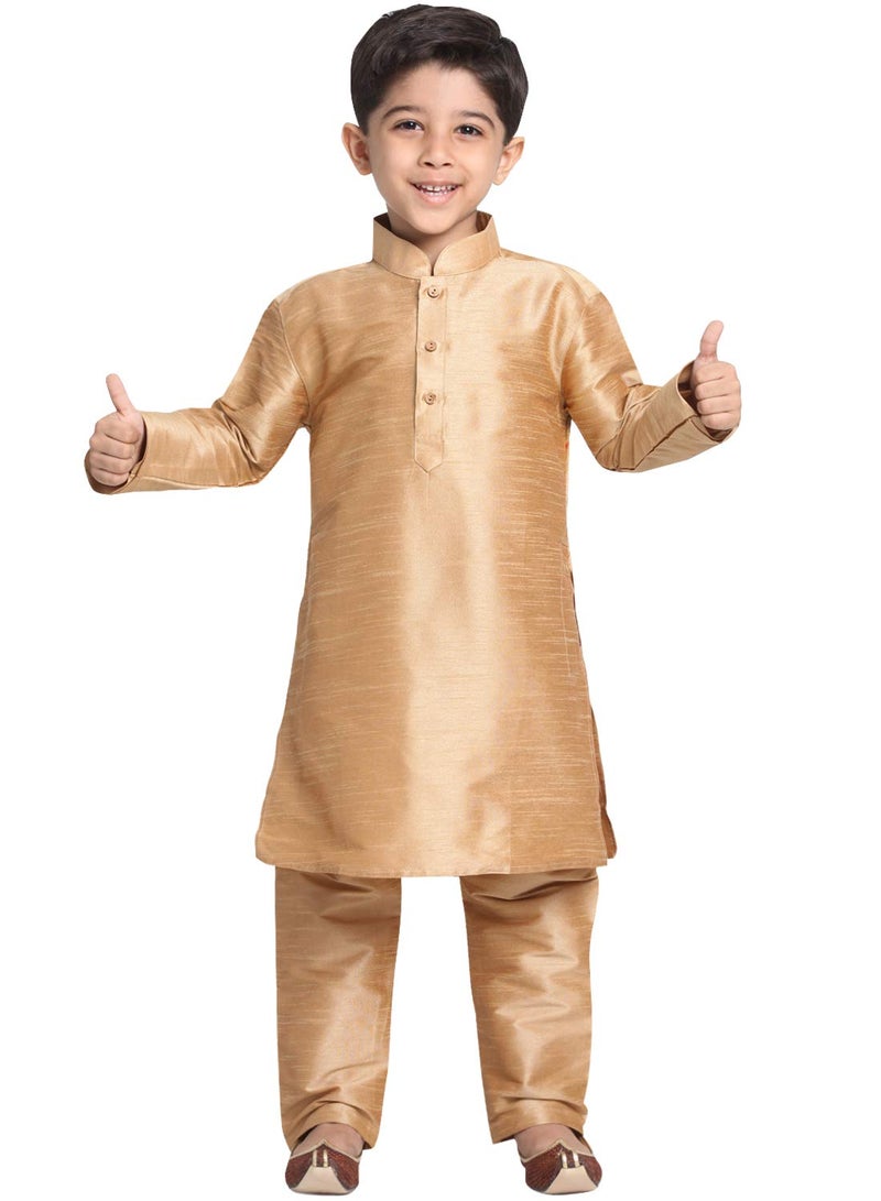 JBN Creation Boys Silk Blend Rose Gold Kurta Pyjama Set - Ethnic Elegance for Festivals | Comfortable Traditional Comfortable Full Sleeves Kurta Pyjama for Kids_VASBKRG001nPRG_22 - Image 1