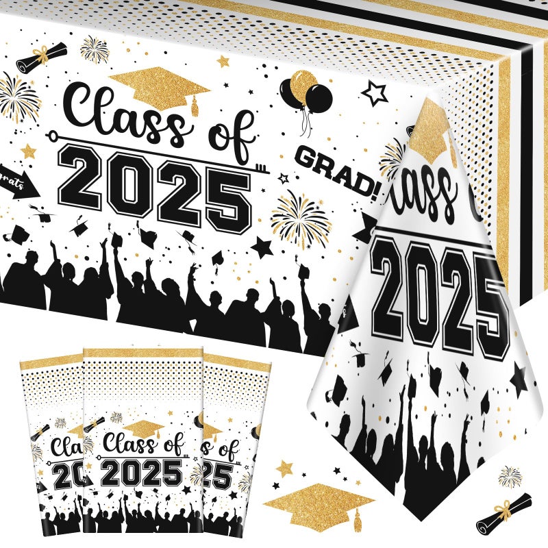 Graduation Decorations Class of 2025 Tablecloth  3 Pcs Plastic Congrats Grad Table Cloth Graduation Table Cover for Graduation Party Decorations 2025 and Party Supplies 54x108 Black and Gold