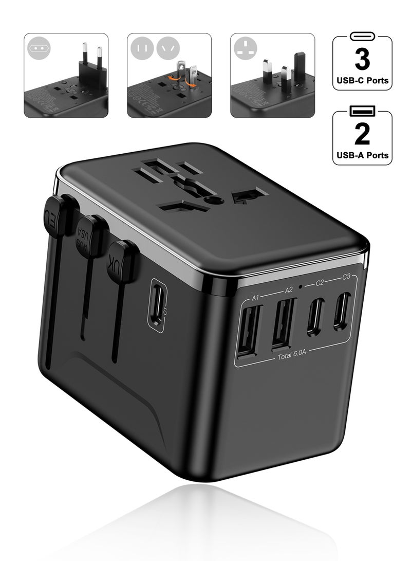 Necomi Universal Travel Plug Adapter, All-in-One International Travel Plug Adapter with 3 USB Type-C and 2 USB-A Wall Charger and Worldwide AC Outlet for Europe USA UK AUS Asia - Image 1