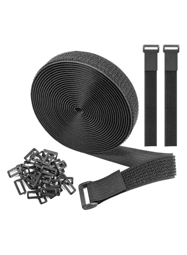 erorex 10m Adjustable Hook and Loop Cable Straps with 50 Buckles, Reusable Fastening Ties for Wire and Cord Management, Cut to Length, 2.5cm Wide, Black - Image 1