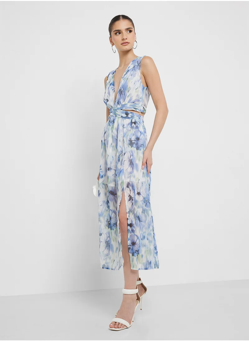 جينجر Plunge Neck Floral Dress With Cutout Detail