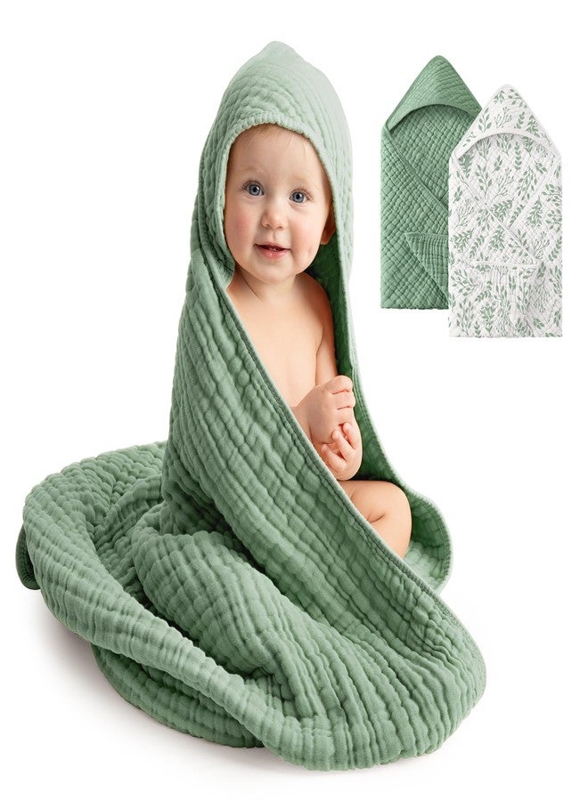 FIEMOL Baby Bath Towels, 100% Muslin Cotton Hooded Baby Towels for Newborn, 2 Pack Baby Towels with Hood for Infant Toddler and Kids, Large 32x32Inch Unisex Bath Essentials, Soft and Absorbent - Image 1