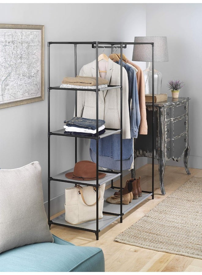Whitmor Spacemaker 5 Tier Wardrobe Closet, Freestanding Storage System with Garment Rod, Space - Saving Organizer for Small Bedrooms, Apartments, Sturdy Steel Frame, Black/Gray - Image 4