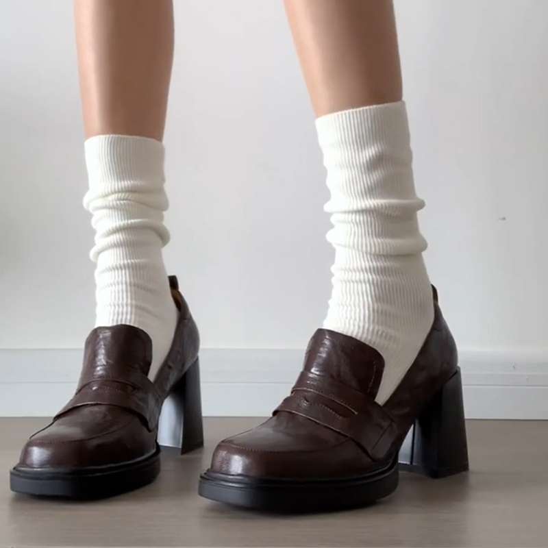 Soft Goatskin British Small Leather Shoes for Women 2025 New Summer Brown French Thick Heel Loafers High Heels - Image 3