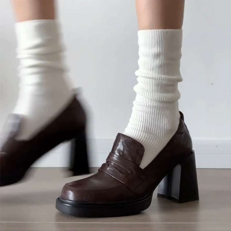 Soft Goatskin British Small Leather Shoes for Women 2025 New Summer Brown French Thick Heel Loafers High Heels - Image 1