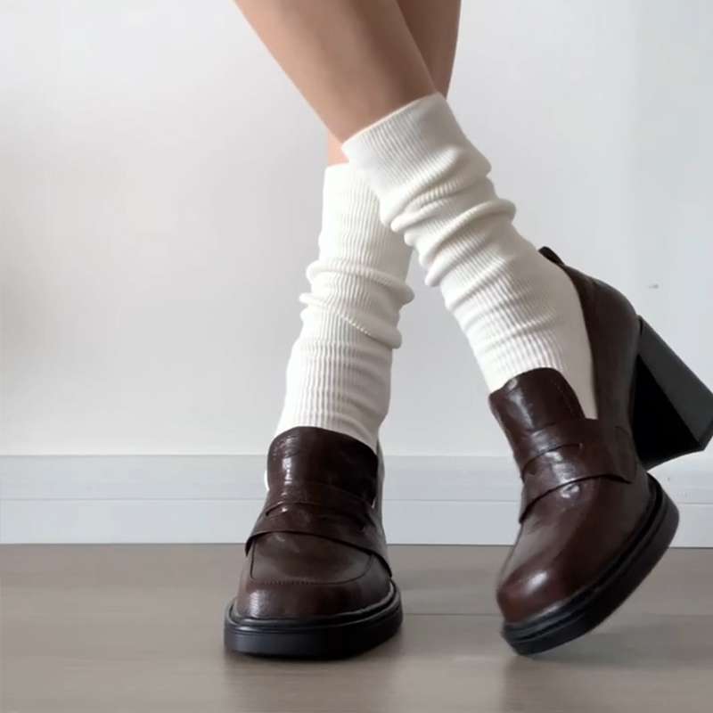 Soft Goatskin British Small Leather Shoes for Women 2025 New Summer Brown French Thick Heel Loafers High Heels - Image 5