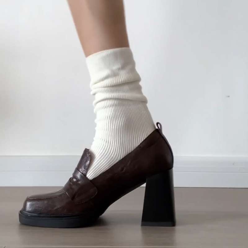 Soft Goatskin British Small Leather Shoes for Women 2025 New Summer Brown French Thick Heel Loafers High Heels - Image 4