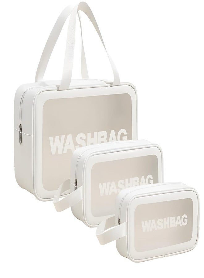 JRM PVC Clear Makeup Pouch Set of 3, Waterproof Cosmetic Organizer Bag for Women & Girls, Transparent Travel Toiletry Storage Kit with Handle (White) - Image 1