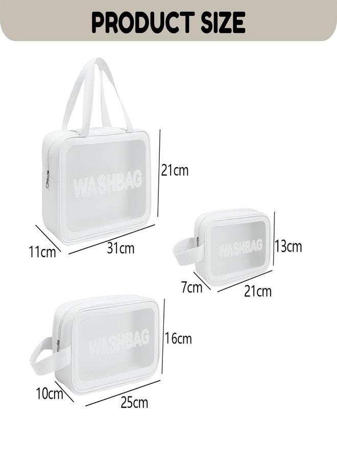 JRM PVC Clear Makeup Pouch Set of 3, Waterproof Cosmetic Organizer Bag for Women & Girls, Transparent Travel Toiletry Storage Kit with Handle (White) - Image 4