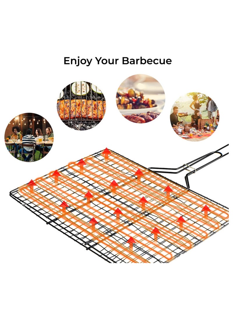 Raxoom Barbeque Reversible Chromium Plated Grill with Wooden Handle | Folding Portable Bbq Grill Basket For Fish Vegetables Shrimp,| Larger Grilling Area | Lockable Grate | Premium Quality Silver grill  - Image 1