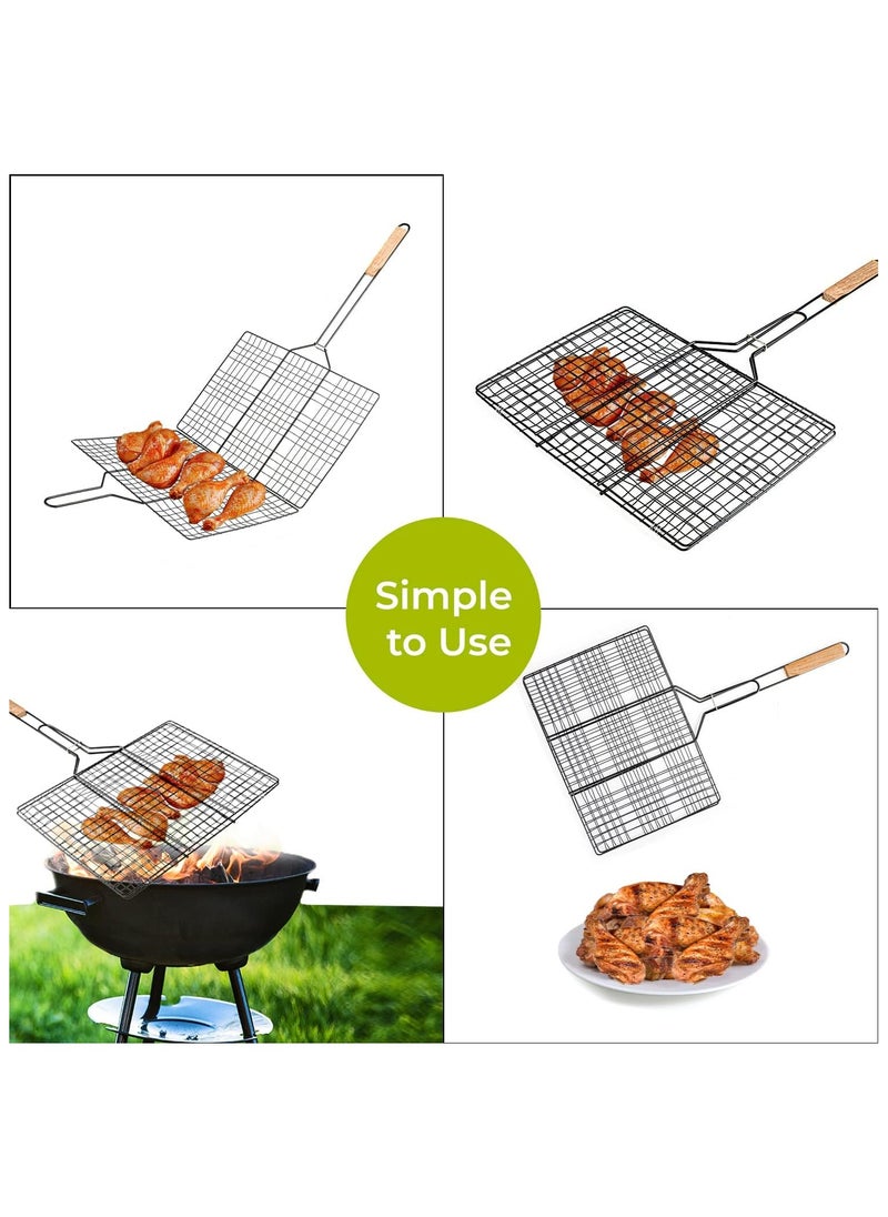 Raxoom Barbeque Reversible Chromium Plated Grill with Wooden Handle | Folding Portable Bbq Grill Basket For Fish Vegetables Shrimp,| Larger Grilling Area | Lockable Grate | Premium Quality Silver grill  - Image 2