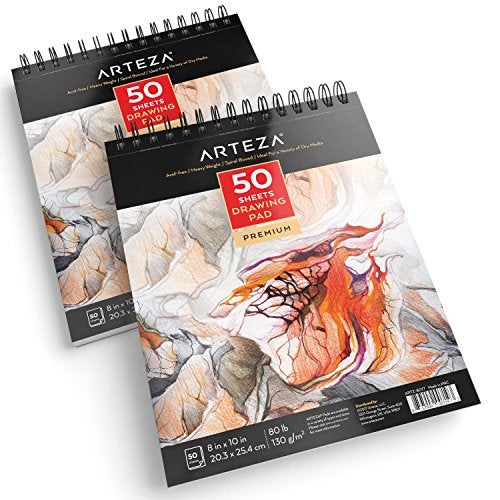 ARTEZA دفتر رسم ARTEZA، 8 × 10 بوصة، عبوة من 2، 50 ورقة لكل منها، كتب رسم مرتبطة بشكل حلزوني، ورق رسم أبيض متين خالي من الأحماض - Image 1