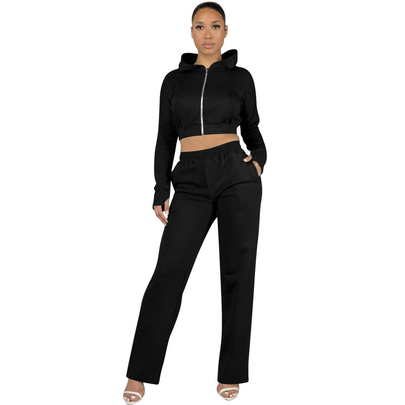 Fashionable Casual Solid Color Zipper Two-Piece Set Womens European Style Polyester Comfortable Long Sleeve Commute Wind Black 