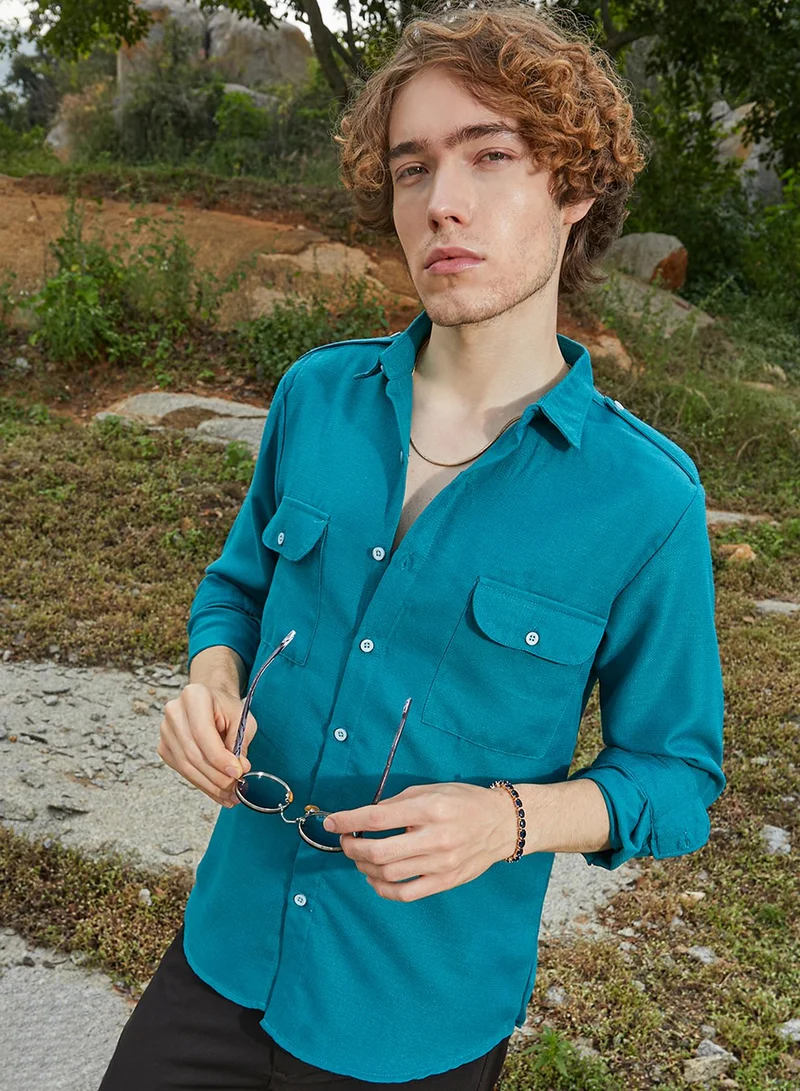 Campus Sutra Men's Aqua Blue Woven Utility Shirt