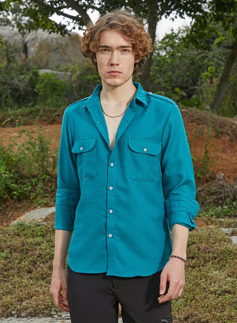 Campus Sutra Men's Aqua Blue Woven Utility Shirt