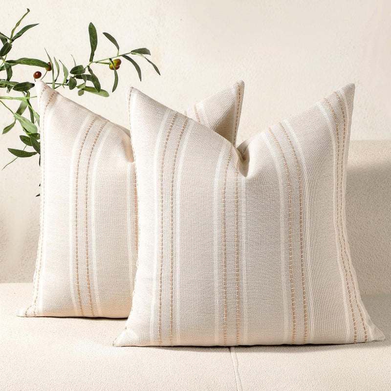 Hckot Hand Made Decorative Khaki Pillow Covers 18x18 Striped Throw Pillows Textured Linen Pillow Covers Farmhouse Decor Cushion Covers for Couch Bed Living Room, Khaki - Image 1