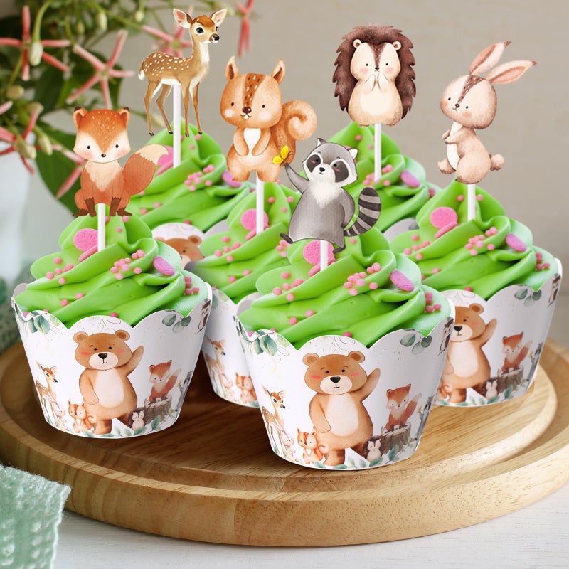 Widecook 96 Pcs Woodland Cupcake Toppers and Wrappers Woodland Animals Cake Decorations Jungle Safari Zoo Cupcake Picks and Liners for Forest Animal Theme Baby Shower Birthday Party Supplies - Image 3