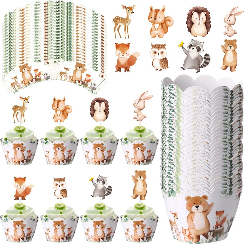 Widecook 96 Pcs Woodland Cupcake Toppers and Wrappers Woodland Animals Cake Decorations Jungle Safari Zoo Cupcake Picks and Liners for Forest Animal Theme Baby Shower Birthday Party Supplies - Image 1