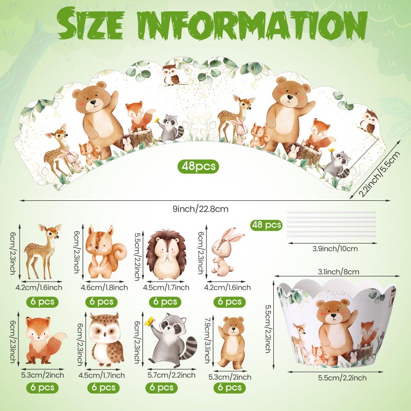 Widecook 96 Pcs Woodland Cupcake Toppers and Wrappers Woodland Animals Cake Decorations Jungle Safari Zoo Cupcake Picks and Liners for Forest Animal Theme Baby Shower Birthday Party Supplies - Image 2