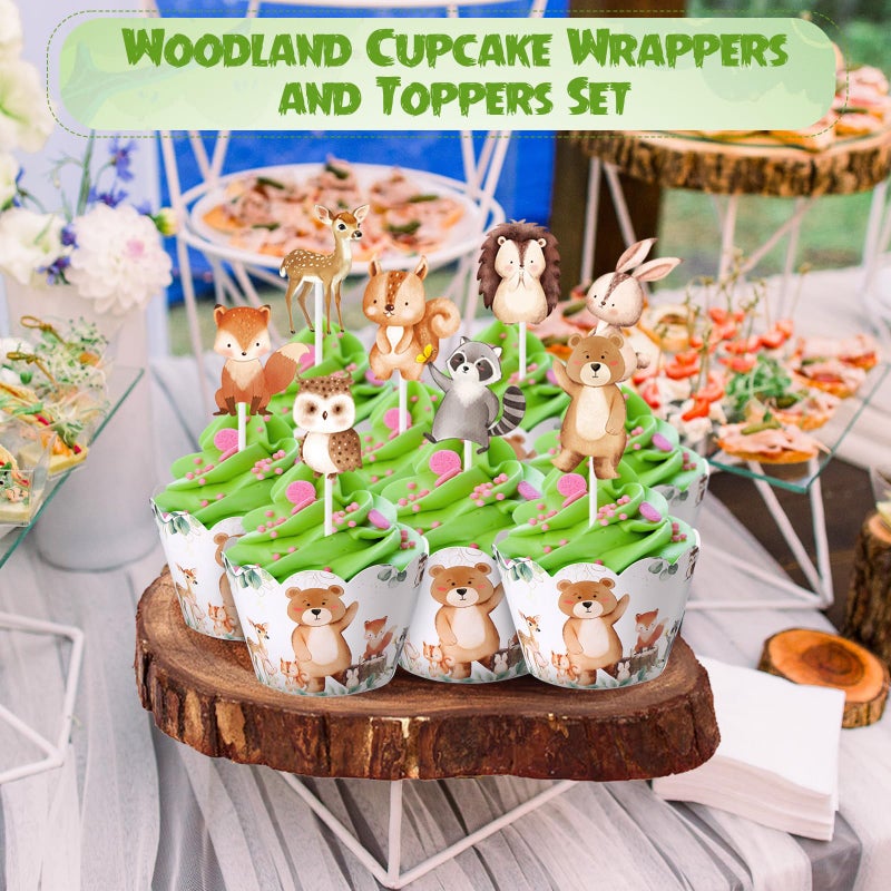 Widecook 96 Pcs Woodland Cupcake Toppers and Wrappers Woodland Animals Cake Decorations Jungle Safari Zoo Cupcake Picks and Liners for Forest Animal Theme Baby Shower Birthday Party Supplies - Image 4