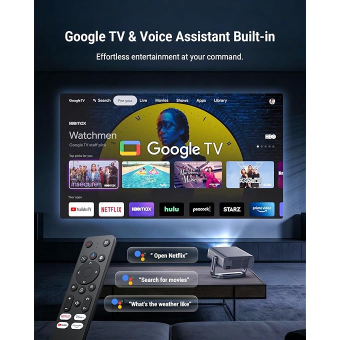 جهاز عرض ذكي بدقة 4K [مرفق مع Google TV Stick] مع واي فاي وبلوتوث، 3000ANSI، غطاء عدسة تلقائي، جهاز عرض أفلام خارجي محمول مع تطبيقات مدمجة، تركيز تلقائي للسقف/المسرح المنزلي/غرفة النوم - Image 2