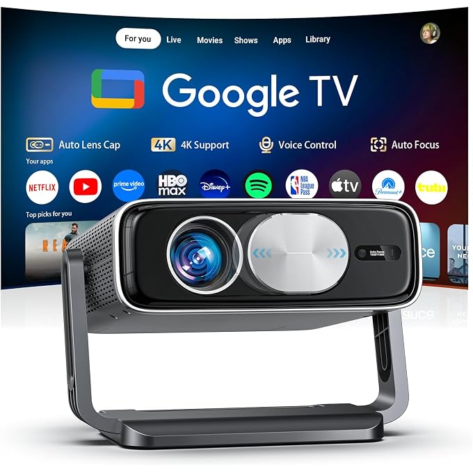 جهاز عرض ذكي بدقة 4K [مرفق مع Google TV Stick] مع واي فاي وبلوتوث، 3000ANSI، غطاء عدسة تلقائي، جهاز عرض أفلام خارجي محمول مع تطبيقات مدمجة، تركيز تلقائي للسقف/المسرح المنزلي/غرفة النوم - Image 1