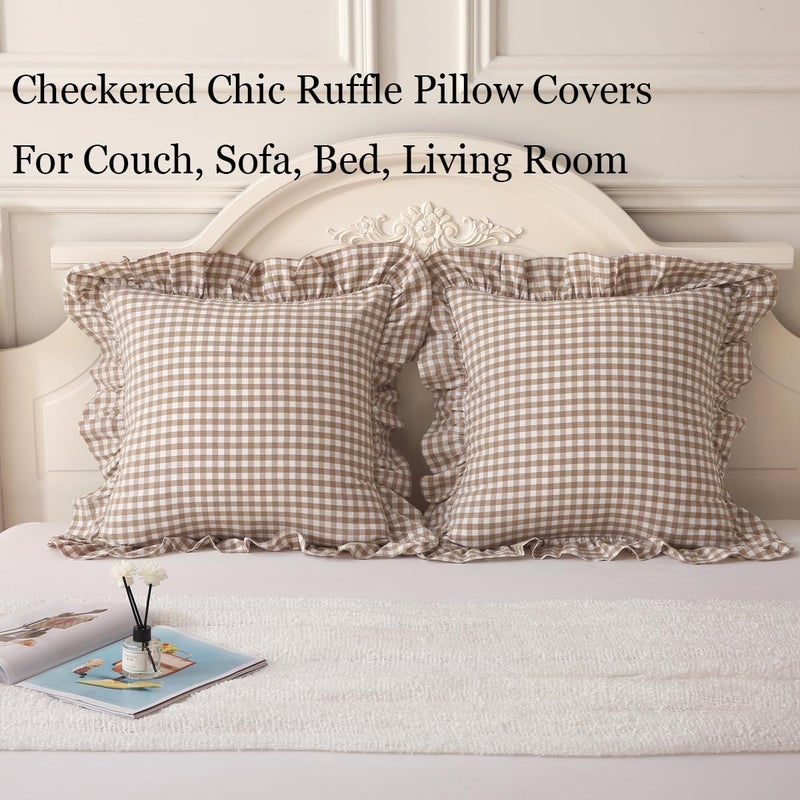Silnuo 2 Pack Taupe/White Plaid Ruffle Throw Pillow Covers Farmhouse Checkered Chic Washed Cotton Pillowcases Gingham Pillow Shams for Bed, Sofa, Living Room-20"x20" - Image 2