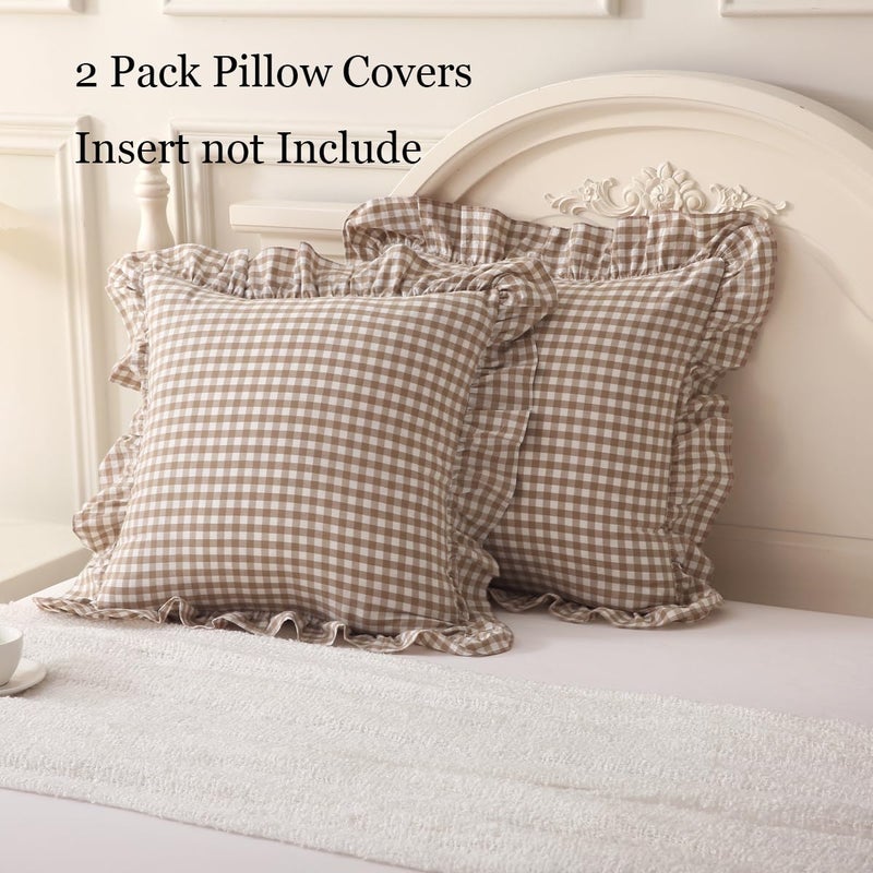 Silnuo 2 Pack Taupe/White Plaid Ruffle Throw Pillow Covers Farmhouse Checkered Chic Washed Cotton Pillowcases Gingham Pillow Shams for Bed, Sofa, Living Room-20"x20" - Image 3