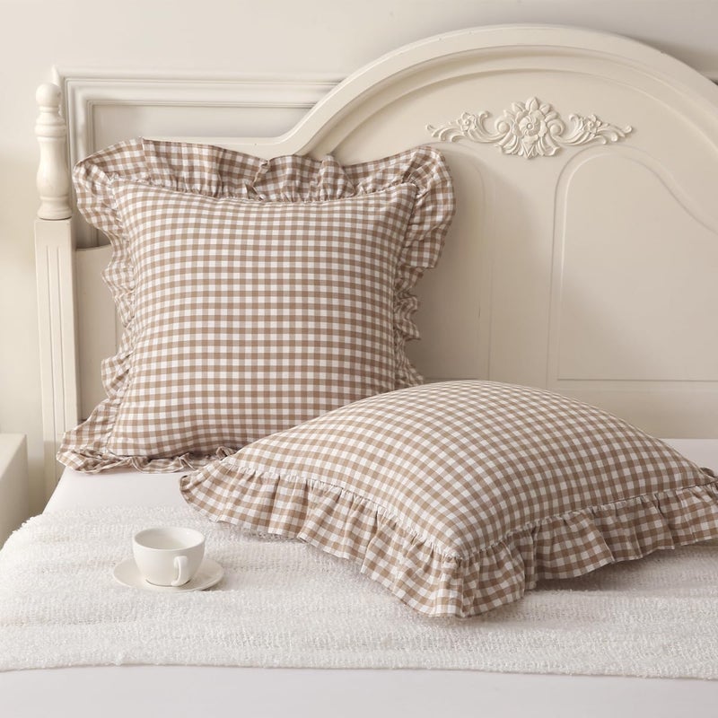 Silnuo 2 Pack Taupe/White Plaid Ruffle Throw Pillow Covers Farmhouse Checkered Chic Washed Cotton Pillowcases Gingham Pillow Shams for Bed, Sofa, Living Room-20"x20" - Image 1