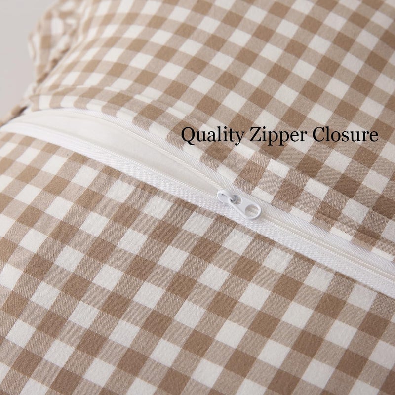 Silnuo 2 Pack Taupe/White Plaid Ruffle Throw Pillow Covers Farmhouse Checkered Chic Washed Cotton Pillowcases Gingham Pillow Shams for Bed, Sofa, Living Room-20"x20" - Image 4