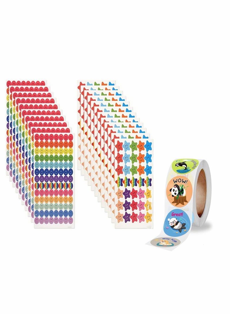 Happy Face Star Stickers, Cute Animal Reward Stickers for Teachers, Motivational Incentive Stickers for Kids, Round Cartoon Labels for Students All Class 1 Roll and 20 Sheets - Image 1