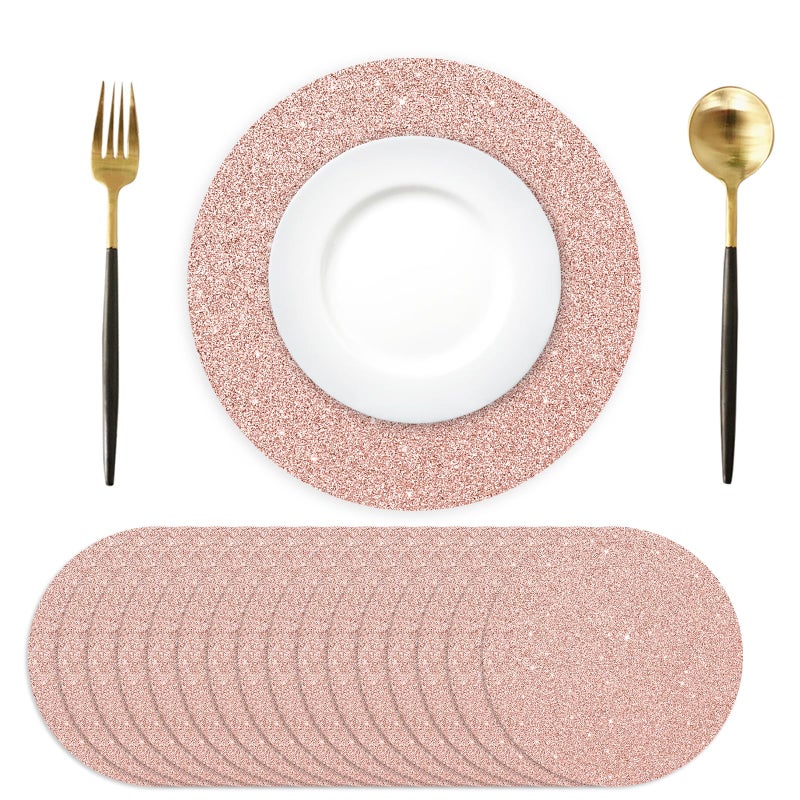Tarklanda 100PCS Rose Gold Paper Placemats Disposable 13.4 Inch Round Glitter Paper Place Mat Valentines Rose Golden Decorative Shiny Table Mat for Birthday Wedding Holiday Party Sparkle Table Decor - Image 1